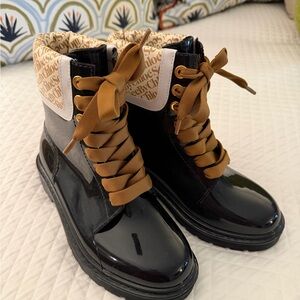 See By Chloe Black Patent Lace-Up Boots with Tan Accents